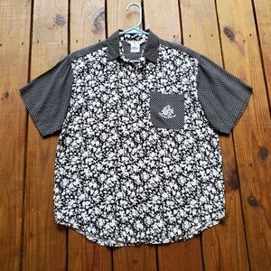 Vintage 80's 90's M black and white mixed rose floral dot short sleeve top